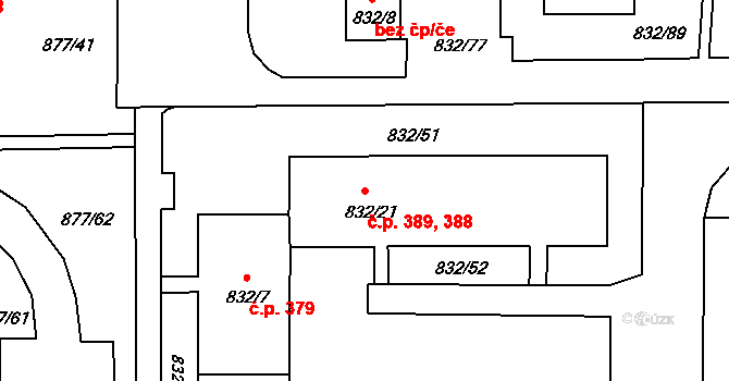 Děčín XXXII-Boletice nad Labem 388,389, Děčín na parcele st. 832/21 v KÚ Boletice nad Labem, Katastrální mapa