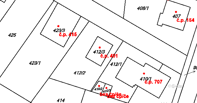 Satalice 401, Praha na parcele st. 412/3 v KÚ Satalice, Katastrální mapa