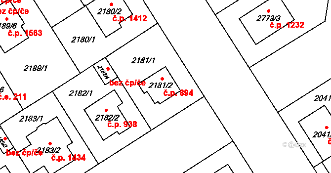 Kyje 894, Praha na parcele st. 2181/2 v KÚ Kyje, Katastrální mapa