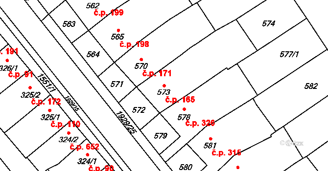 Zbýšov 165 na parcele st. 573 v KÚ Zbýšov u Oslavan, Katastrální mapa
