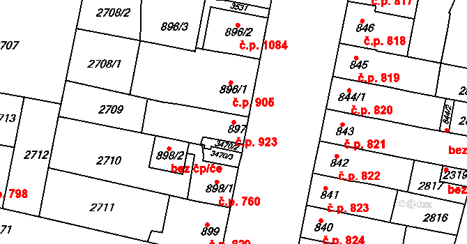 Rosice 923 na parcele st. 897 v KÚ Rosice u Brna, Katastrální mapa