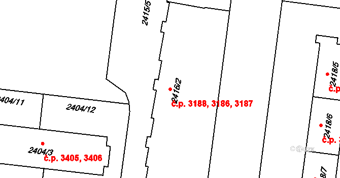 Prostějov 3186,3187,3188 na parcele st. 2416/2 v KÚ Prostějov, Katastrální mapa