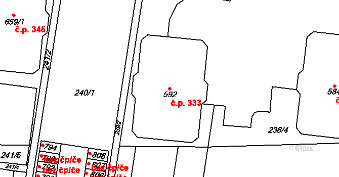 Krasice 333, Prostějov na parcele st. 592 v KÚ Krasice, Katastrální mapa