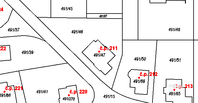 Kanice 211 na parcele st. 491/47 v KÚ Kanice, Katastrální mapa