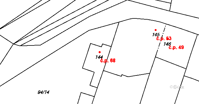 Horní Cetno 68, Niměřice na parcele st. 144 v KÚ Niměřice, Katastrální mapa