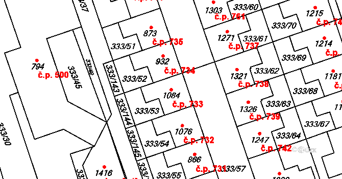 Přímětice 733, Znojmo na parcele st. 1084 v KÚ Přímětice, Katastrální mapa