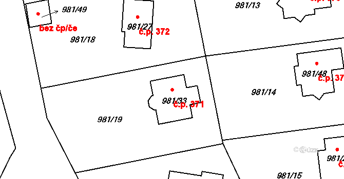 Srubec 371 na parcele st. 981/33 v KÚ Srubec, Katastrální mapa