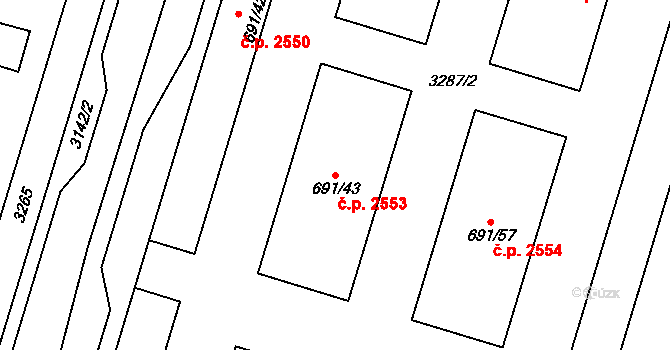 Cheb 2553 na parcele st. 691/43 v KÚ Cheb, Katastrální mapa