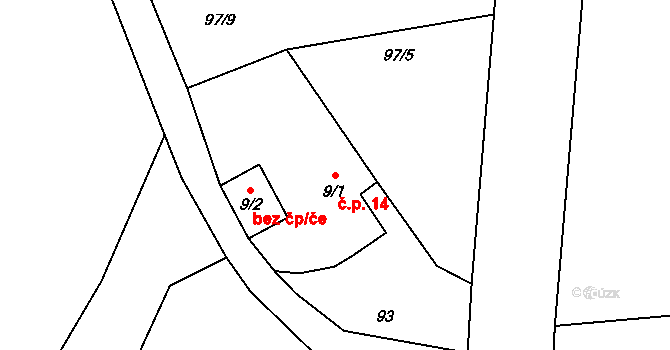Kvasejovice 14, Sedlec-Prčice na parcele st. 9/1 v KÚ Kvasejovice, Katastrální mapa