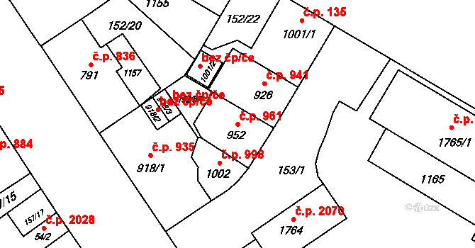 Mariánské Hory 961, Ostrava na parcele st. 952 v KÚ Mariánské Hory, Katastrální mapa
