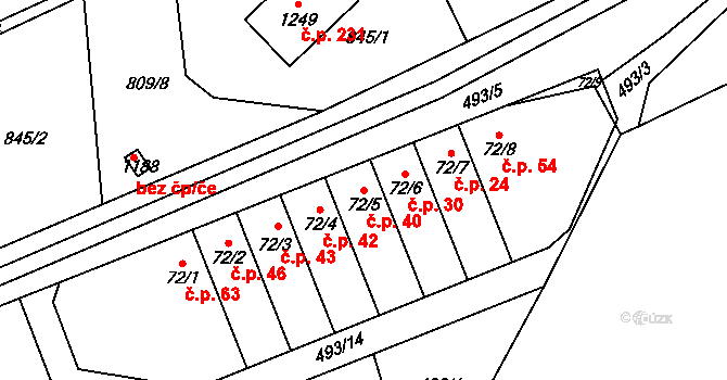 Cvrčovice 40 na parcele st. 72/5 v KÚ Cvrčovice, Katastrální mapa