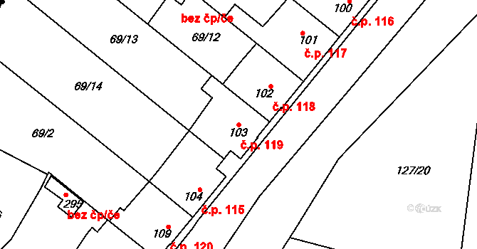 Minice 119, Kralupy nad Vltavou na parcele st. 103 v KÚ Minice u Kralup nad Vltavou, Katastrální mapa