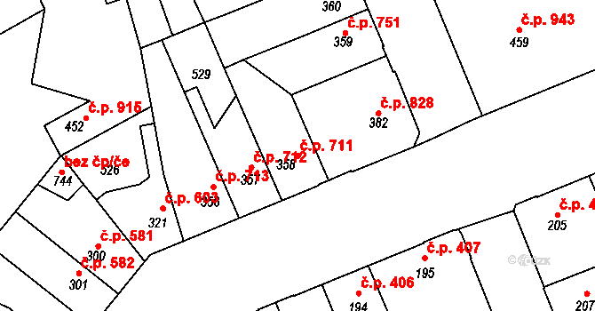 Kralupy nad Vltavou 711 na parcele st. 358 v KÚ Lobeč, Katastrální mapa