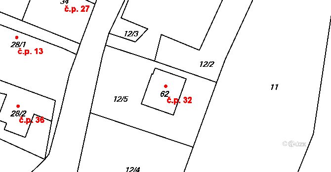 Třebiště 32, Skalice na parcele st. 62 v KÚ Třebiště, Katastrální mapa