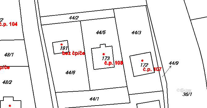 Mlečice 108 na parcele st. 173 v KÚ Mlečice, Katastrální mapa