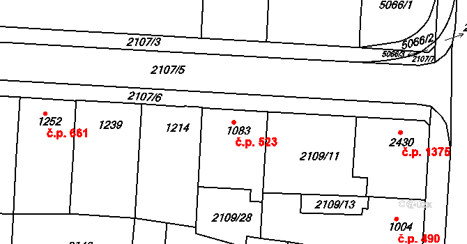 Zelené Předměstí 523, Pardubice na parcele st. 1083 v KÚ Pardubice, Katastrální mapa