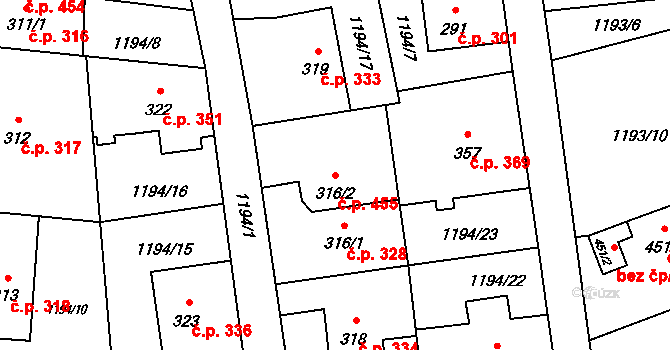 Mořkov 455 na parcele st. 316/2 v KÚ Mořkov, Katastrální mapa