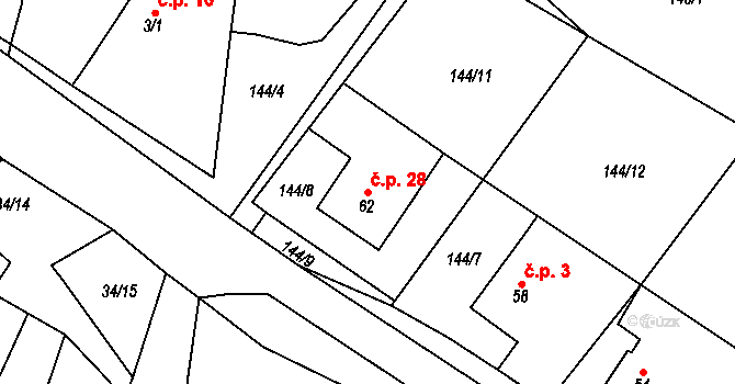 Podmoklany 28 na parcele st. 62 v KÚ Podmoklany, Katastrální mapa