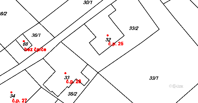 Lísky 25, Chvalnov-Lísky na parcele st. 32 v KÚ Lísky, Katastrální mapa
