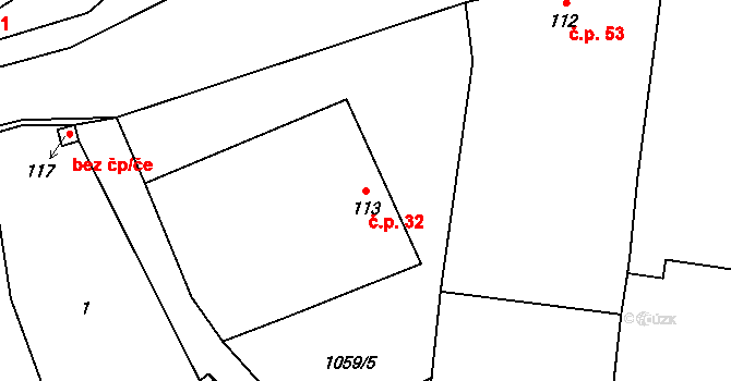 Kbel 32 na parcele st. 113 v KÚ Kbel u Přeštic, Katastrální mapa