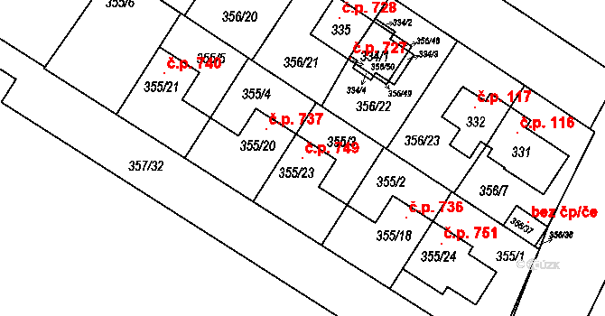 Satalice 749, Praha na parcele st. 355/23 v KÚ Satalice, Katastrální mapa
