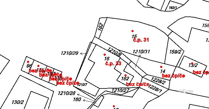 Řehořov 33, Kamenice na parcele st. 16 v KÚ Řehořov, Katastrální mapa