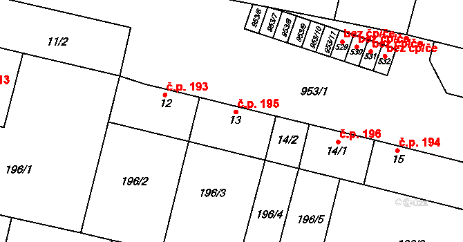 Rožďalovice 195 na parcele st. 13 v KÚ Rožďalovice, Katastrální mapa