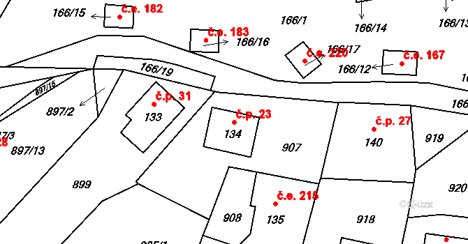 Maxov 23, Radvanec na parcele st. 134 v KÚ Radvanec, Katastrální mapa