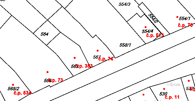 Telnice 74 na parcele st. 561 v KÚ Telnice u Brna, Katastrální mapa