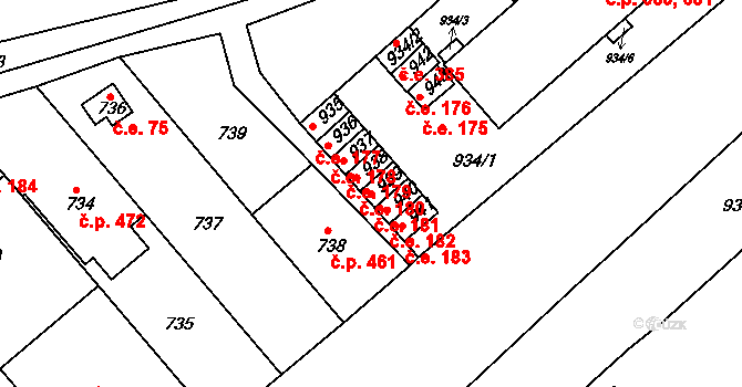 Veverská Bítýška 181 na parcele st. 939 v KÚ Veverská Bítýška, Katastrální mapa