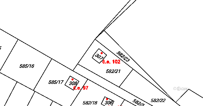 Kosov 102 na parcele st. 307 v KÚ Kosov, Katastrální mapa