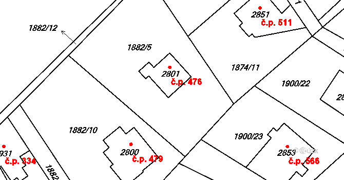 Ostravice 476 na parcele st. 2801 v KÚ Ostravice 1, Katastrální mapa