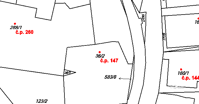 Dolní Poustevna 147 na parcele st. 36/2 v KÚ Dolní Poustevna, Katastrální mapa