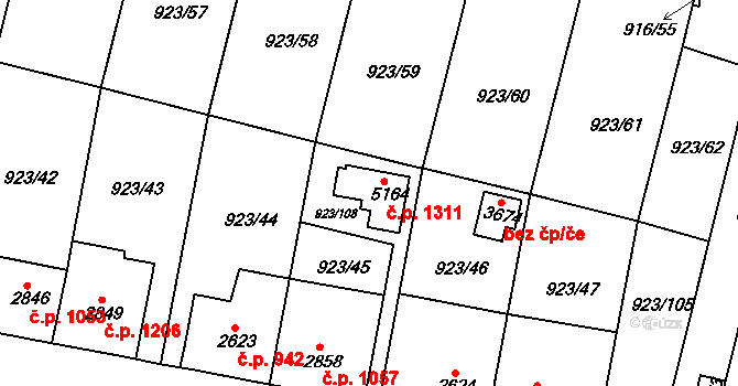 Horka-Domky 1311, Třebíč na parcele st. 5164 v KÚ Třebíč, Katastrální mapa