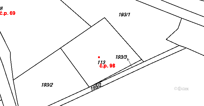 Dobronice u Bechyně 98 na parcele st. 113 v KÚ Dobronice u Bechyně, Katastrální mapa