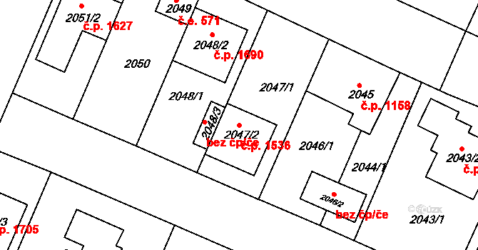 Trnovany 1536, Teplice na parcele st. 2047/2 v KÚ Teplice-Trnovany, Katastrální mapa
