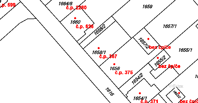 Chodov 367, Praha na parcele st. 1658/1 v KÚ Chodov, Katastrální mapa
