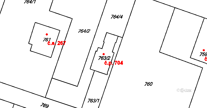 Hradištko 704 na parcele st. 763/2 v KÚ Hradištko u Sadské, Katastrální mapa