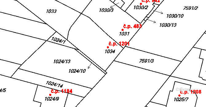 Mutěnice 1201 na parcele st. 1034 v KÚ Mutěnice, Katastrální mapa