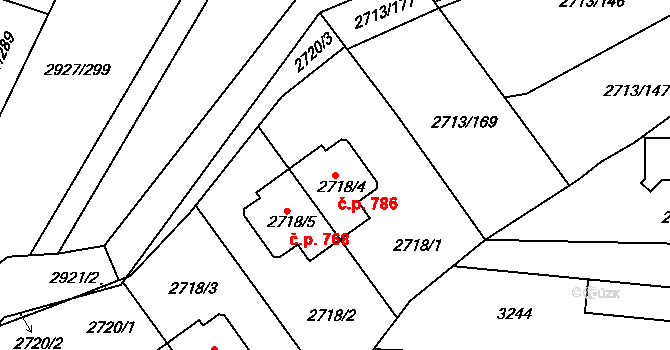 Žebětín 786, Brno na parcele st. 2718/4 v KÚ Žebětín, Katastrální mapa