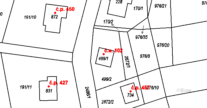 Pernink 102 na parcele st. 499/1 v KÚ Pernink, Katastrální mapa