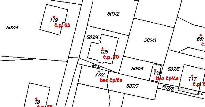 Lhota 70, Přelouč na parcele st. 128 v KÚ Lhota pod Přeloučí, Katastrální mapa