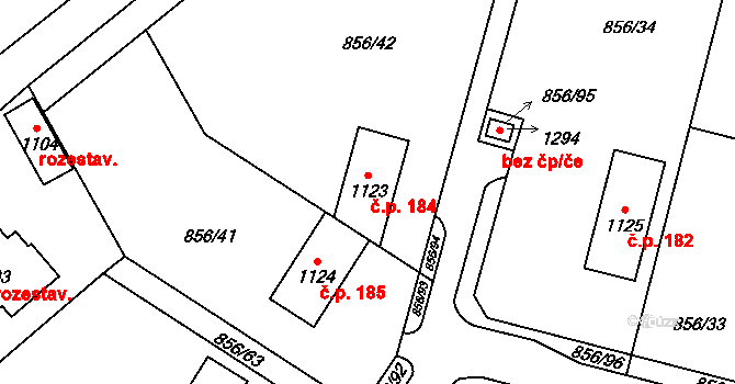 Brtnice 184, Velké Popovice na parcele st. 1123 v KÚ Velké Popovice, Katastrální mapa