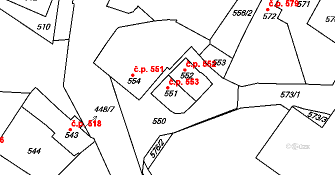 Jemnice 553 na parcele st. 551 v KÚ Jemnice, Katastrální mapa