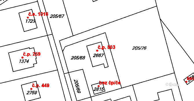 Brunšov 503, Hradištko na parcele st. 2667 v KÚ Hradištko pod Medníkem, Katastrální mapa