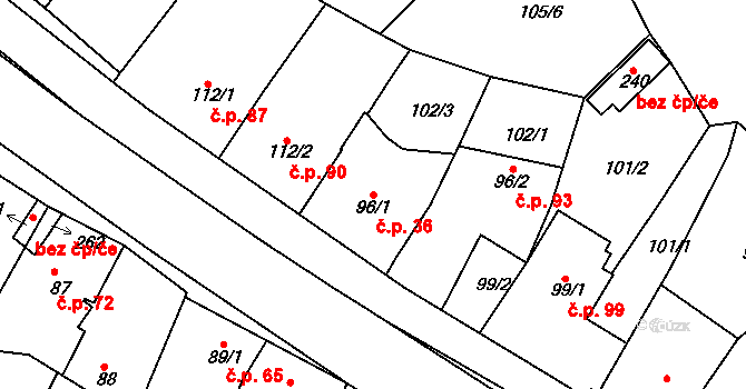 Milonice 36 na parcele st. 96/1 v KÚ Milonice, Katastrální mapa