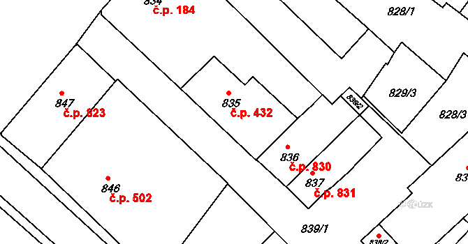 Bučovice 432 na parcele st. 835 v KÚ Bučovice, Katastrální mapa