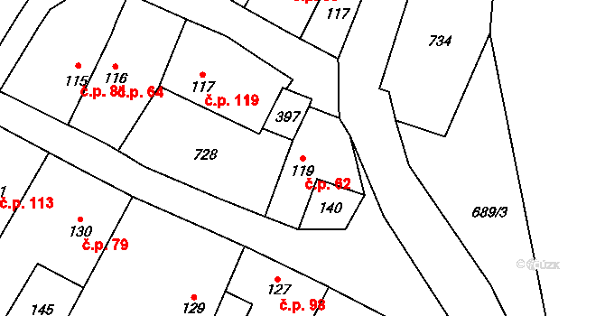 Chroustovice 62 na parcele st. 119 v KÚ Chroustovice, Katastrální mapa