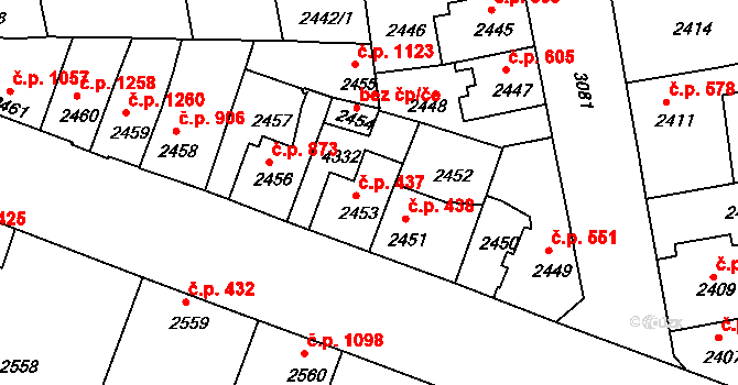 Čelákovice 437 na parcele st. 2453 v KÚ Čelákovice, Katastrální mapa