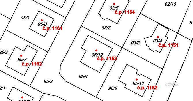 Bučovice 1153 na parcele st. 95/12 v KÚ Bučovice, Katastrální mapa